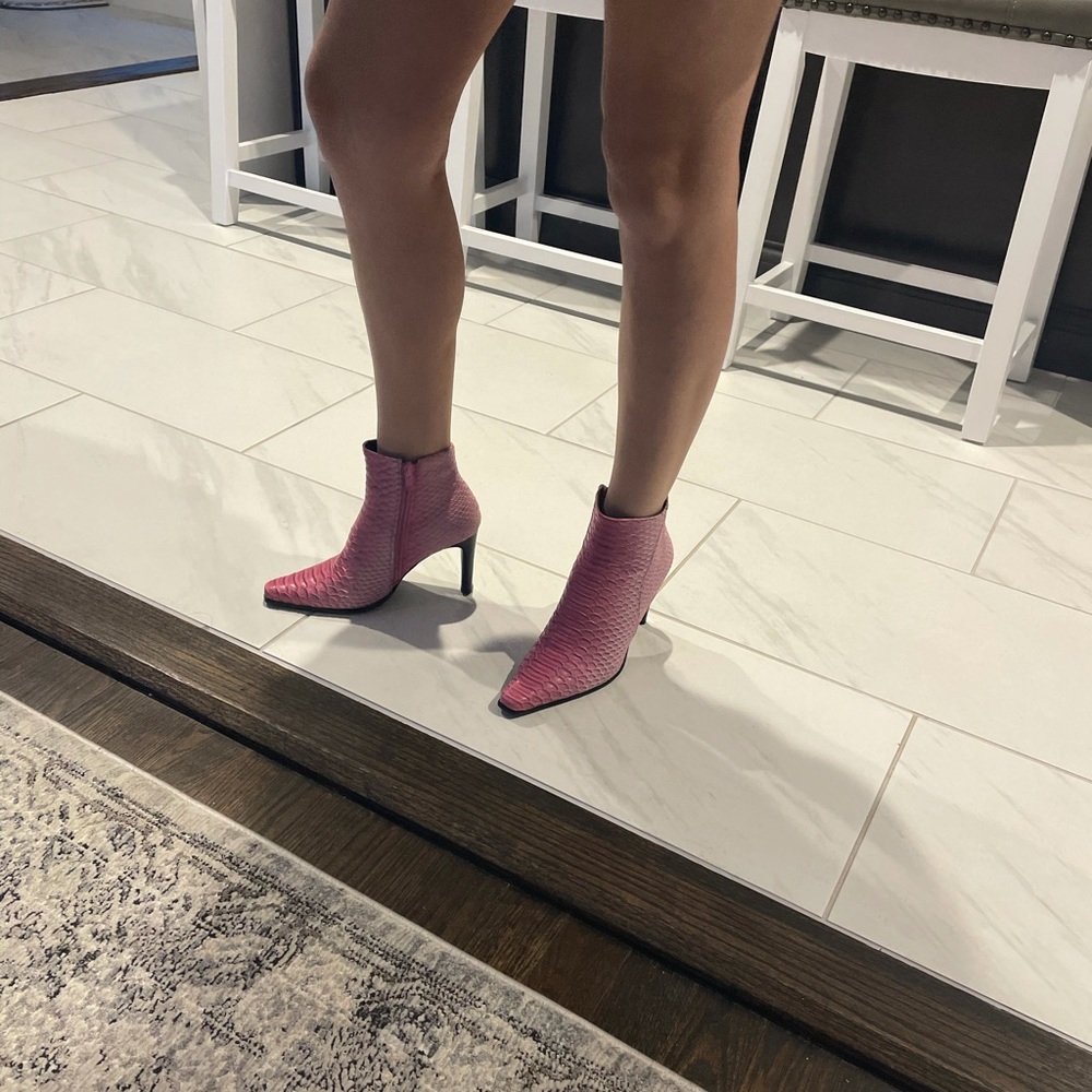 Pink Python-Embossed Leather Ankle Boots - Picture 3 of 10